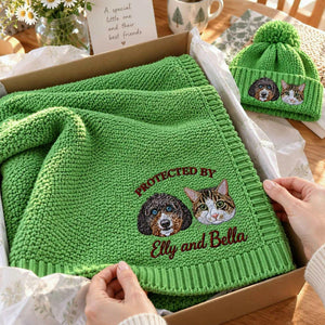 Custom Protected By Pets Baby Blanket, Embroidered Dog & Cat Portrait from Photo Throw, First Grandbaby Gift