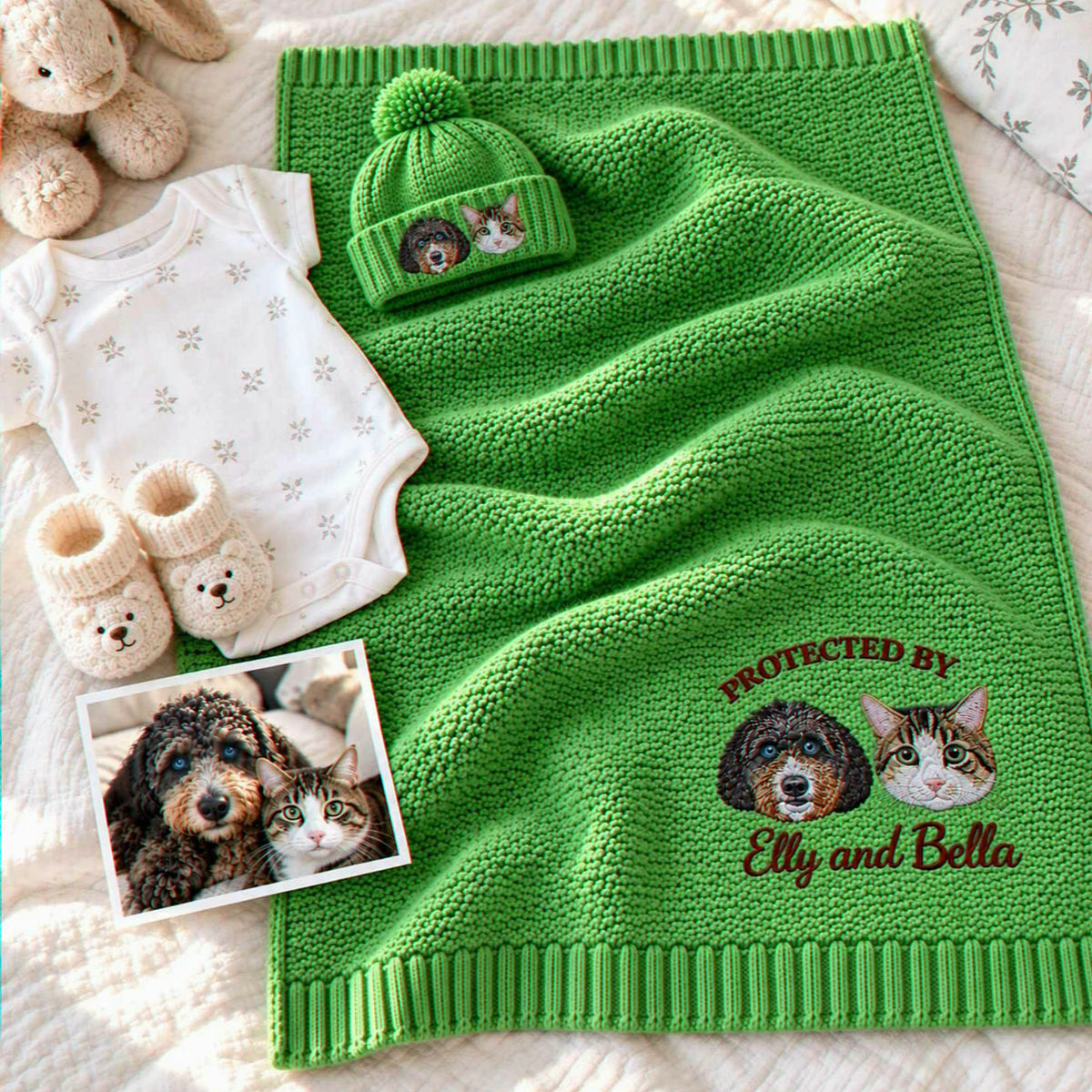Custom Protected By Pets Baby Blanket, Embroidered Dog & Cat Portrait from Photo Throw, First Grandbaby Gift
