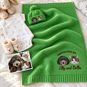 Custom Protected By Pets Baby Blanket, Embroidered Dog & Cat Portrait from Photo Throw, First Grandbaby Gift