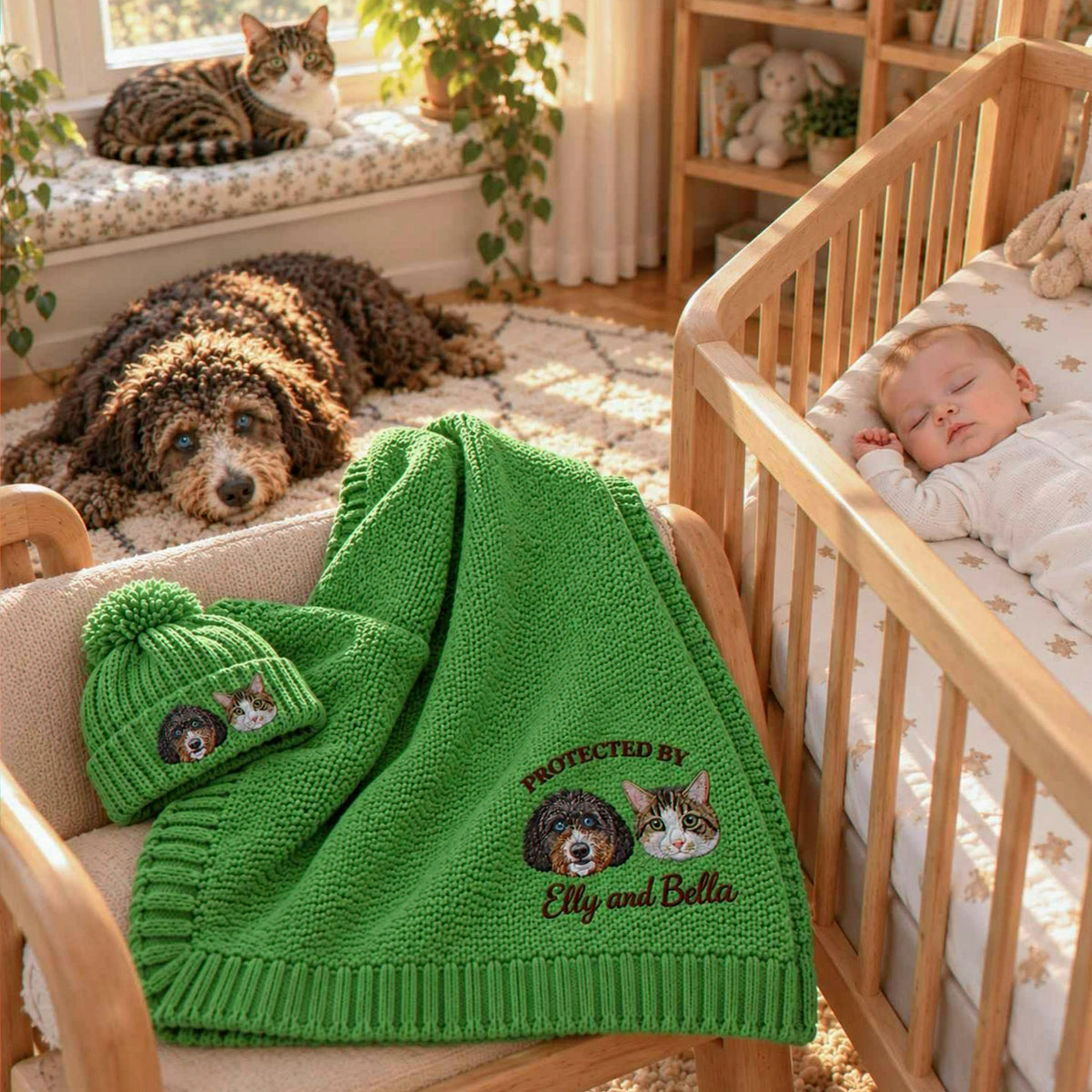 Custom Protected By Pets Baby Blanket, Embroidered Dog & Cat Portrait from Photo Throw, First Grandbaby Gift