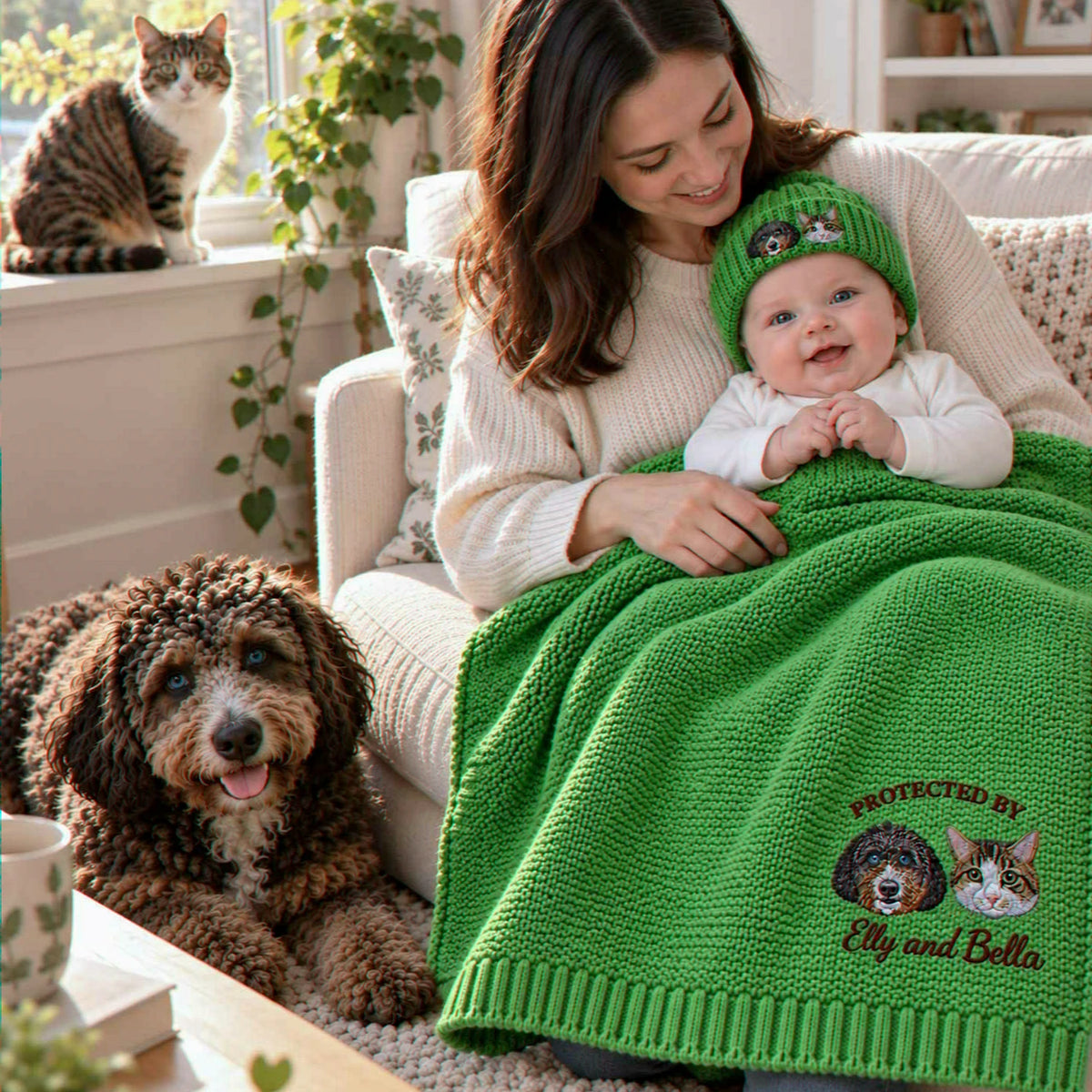 Custom Protected By Pets Baby Blanket, Embroidered Dog & Cat Portrait from Photo Throw, First Grandbaby Gift