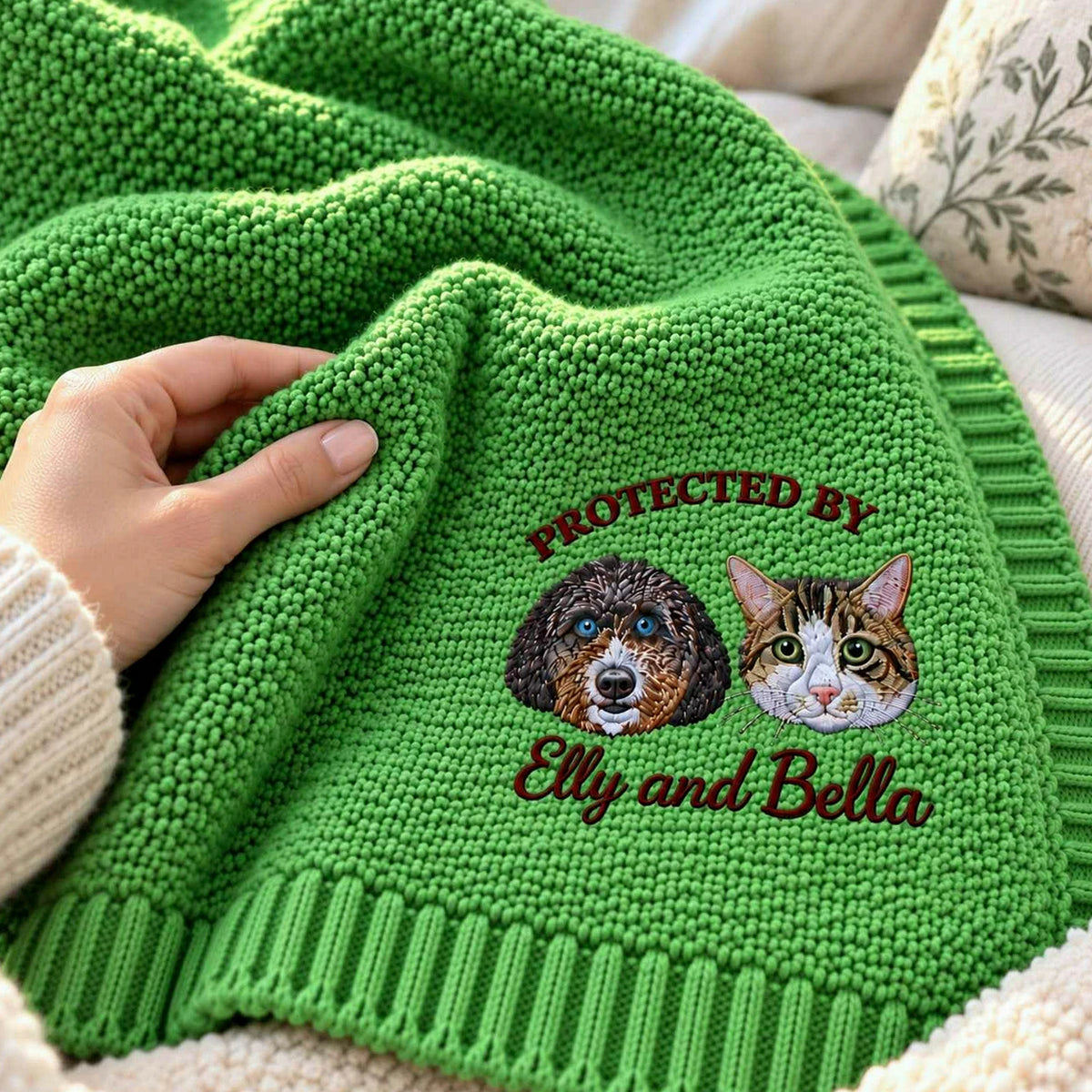 Custom Protected By Pets Baby Blanket, Embroidered Dog & Cat Portrait from Photo Throw, First Grandbaby Gift