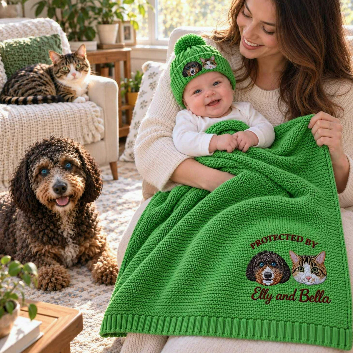 Custom Protected By Pets Baby Blanket, Embroidered Dog & Cat Portrait from Photo Throw, First Grandbaby Gift
