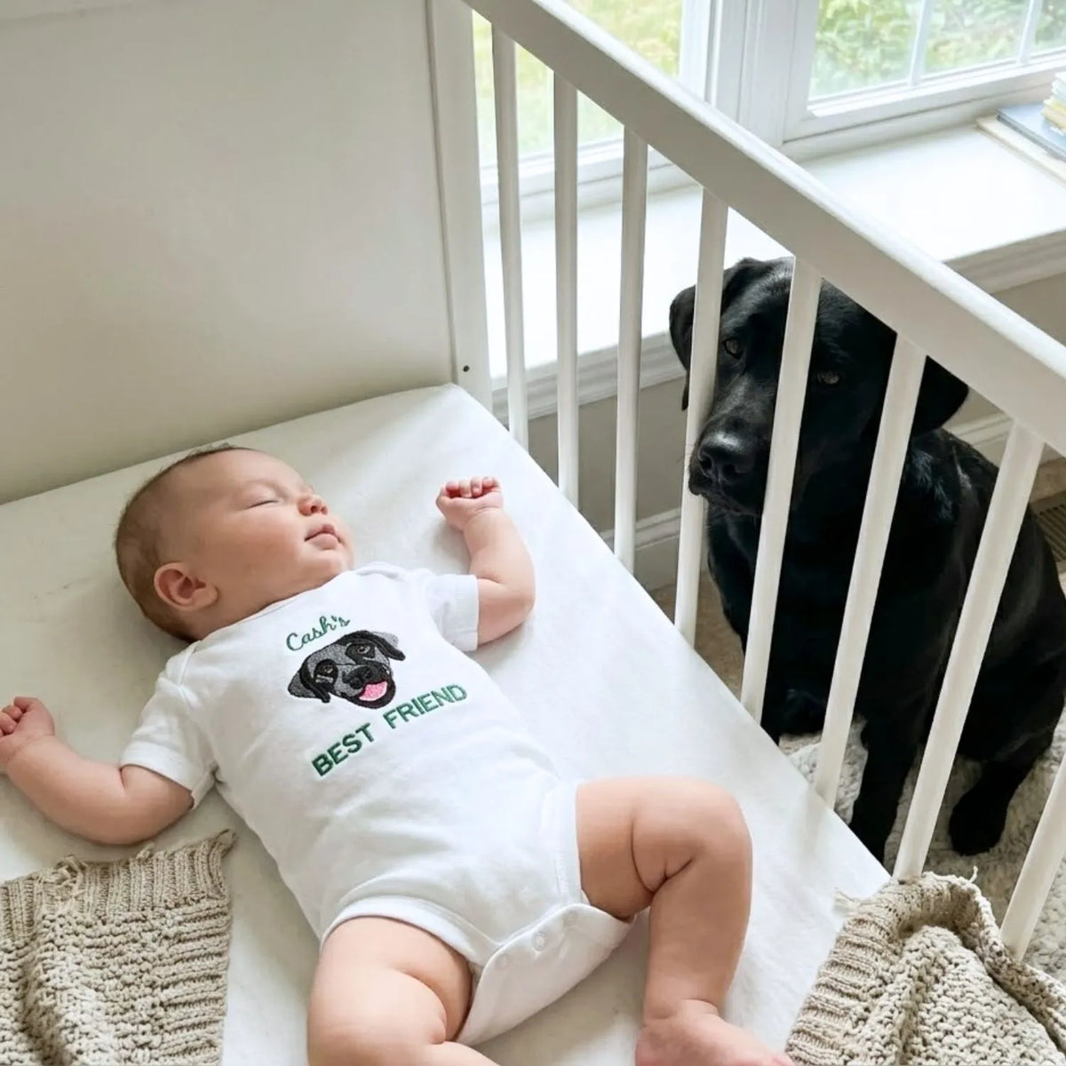 Custom Embroidered Baby Bodysuit Onesie With Pet Photo, Name - Personalized Newborn Gift