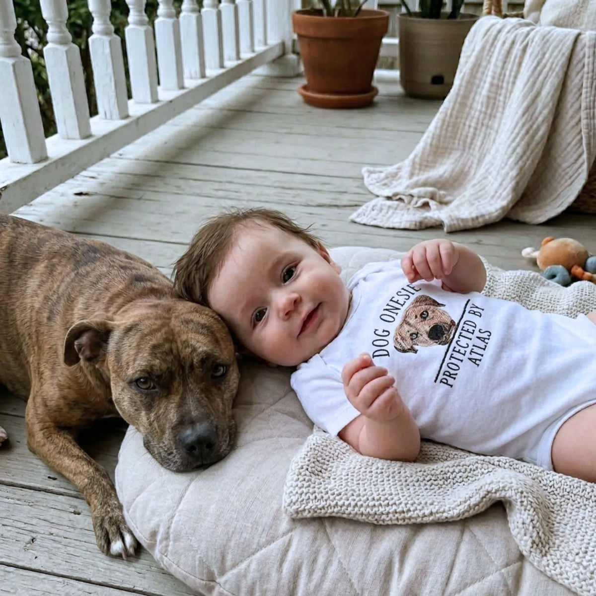 Protected by Dog Onesie, Custom Pet Portrait Embroidered Baby Bodysuit Onesie