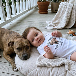 Protected by Dog Onesie, Custom Pet Portrait Embroidered Baby Bodysuit Onesie