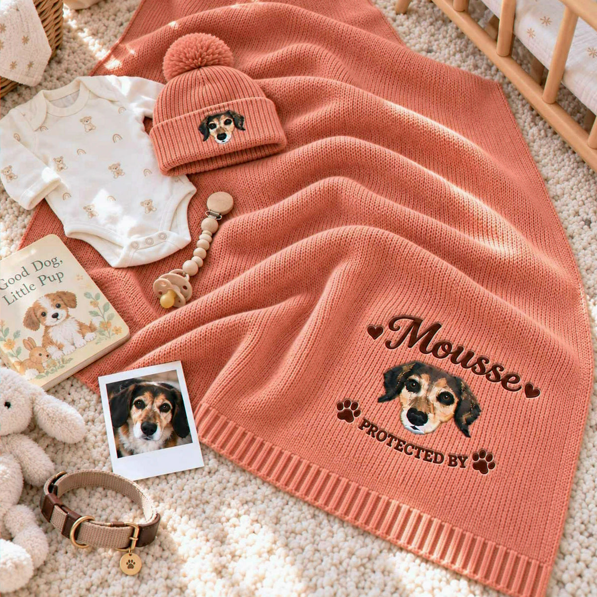Custom Dog Portrait Baby Blanket, Embroidered Pet Photo Nursery Throw, Protected By Pet Pregnancy Gift