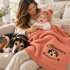 Custom Dog Portrait Baby Blanket, Embroidered Pet Photo Nursery Throw, Protected By Pet Pregnancy Gift