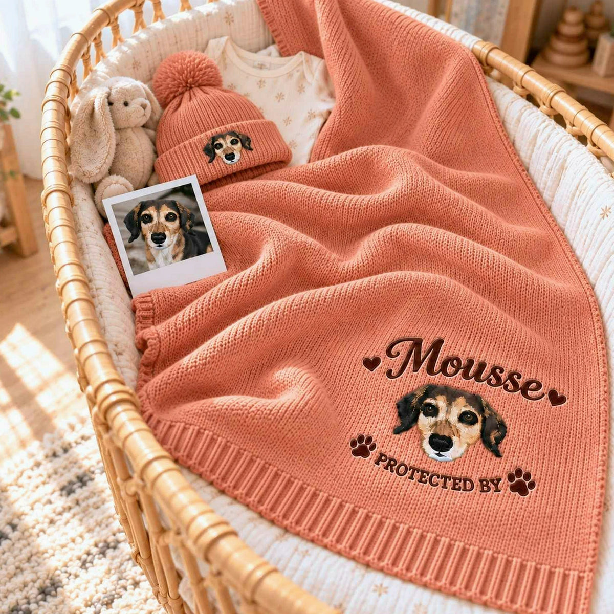 Custom Dog Portrait Baby Blanket, Embroidered Pet Photo Nursery Throw, Protected By Pet Pregnancy Gift