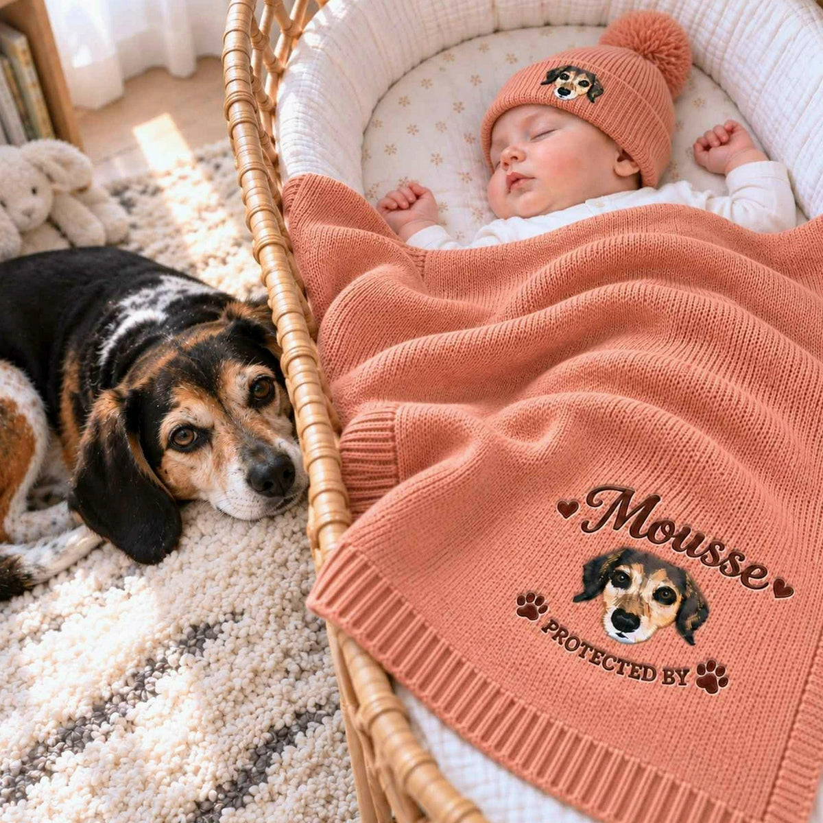 Custom Dog Portrait Baby Blanket, Embroidered Pet Photo Nursery Throw, Protected By Pet Pregnancy Gift