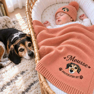 Custom Dog Portrait Baby Blanket, Embroidered Pet Photo Nursery Throw, Protected By Pet Pregnancy Gift