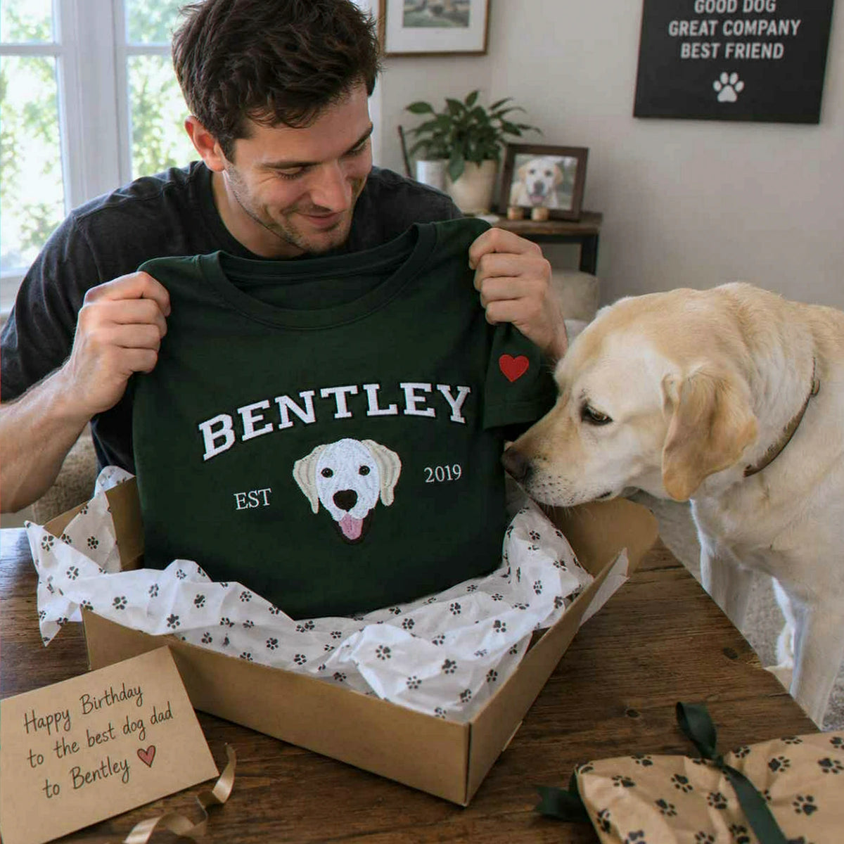 Custom Dog Portrait T-shirt for Birthday Boyfriend - Embroidered Pet Photo Tee & Name - Gift for Him