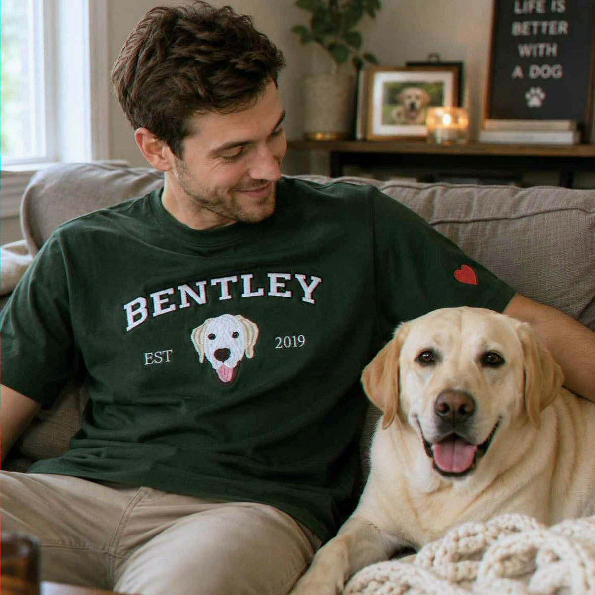 Custom Dog Portrait T-shirt for Birthday Boyfriend - Embroidered Pet Photo Tee & Name - Gift for Him
