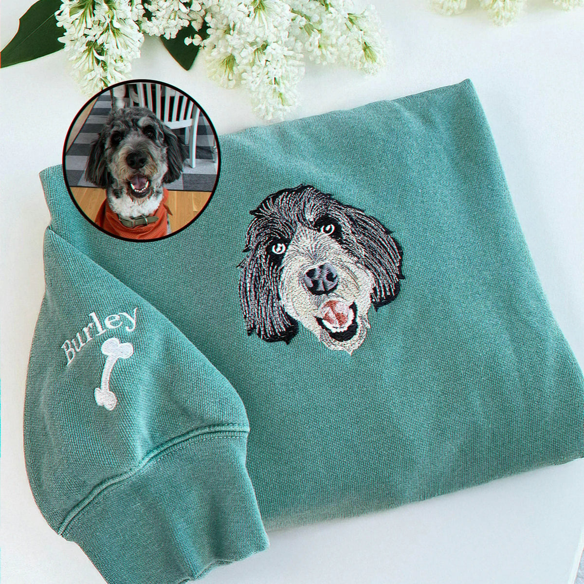 Custom Dog Memorial Sweatshirt for Boyfriend - Embroidered Pet Photo Portrait Crewneck & Name - Dog Loss Sympathy Gift for Him