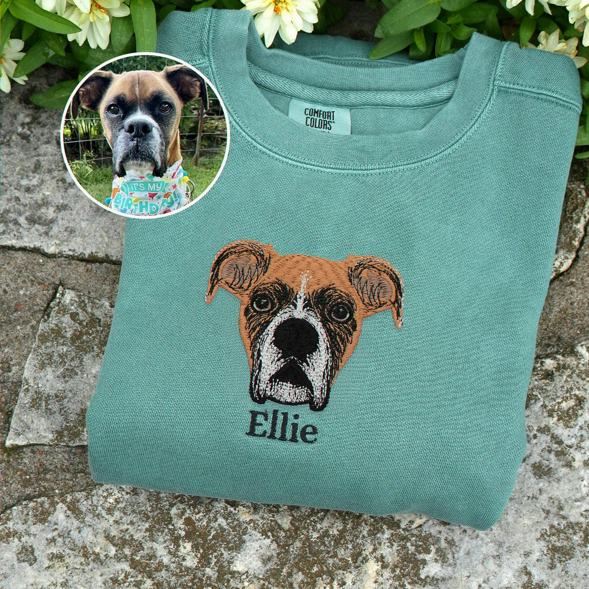 Custom Dog Memorial Sweatshirt for Boyfriend - Embroidered Pet Photo Portrait Crewneck & Name - Dog Loss Sympathy Gift for Him