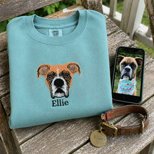 Custom Dog Memorial Sweatshirt for Boyfriend - Embroidered Pet Photo Portrait Crewneck & Name - Dog Loss Sympathy Gift for Him