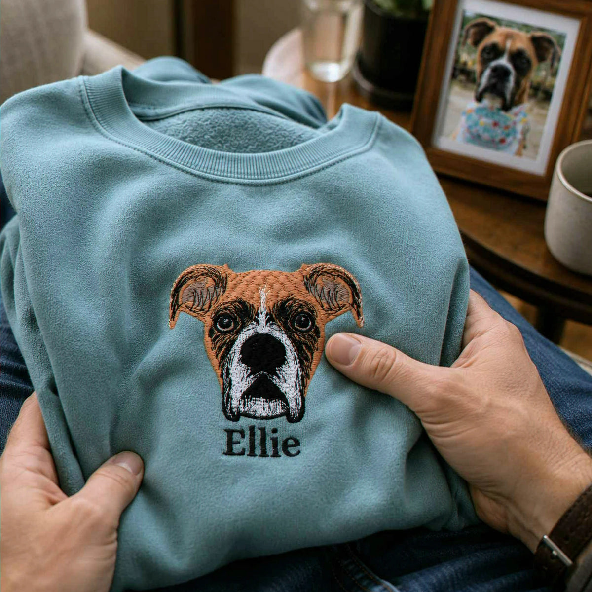 Custom Dog Memorial Sweatshirt for Boyfriend - Embroidered Pet Photo Portrait Crewneck & Name - Dog Loss Sympathy Gift for Him