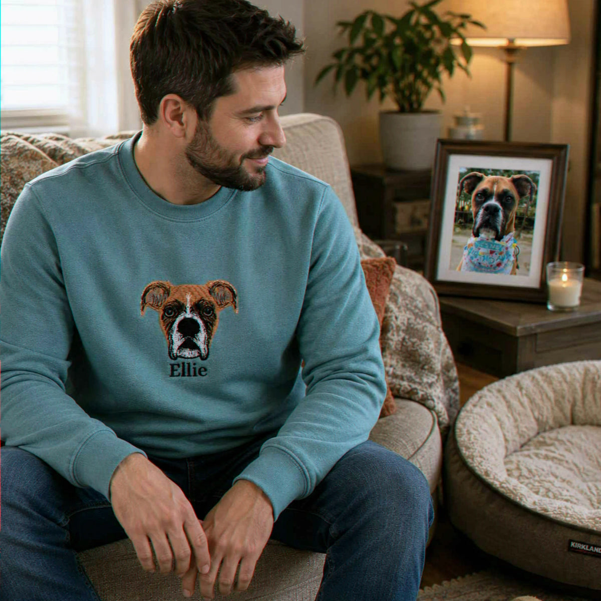 Custom Dog Memorial Sweatshirt for Boyfriend - Embroidered Pet Photo Portrait Crewneck & Name - Dog Loss Sympathy Gift for Him
