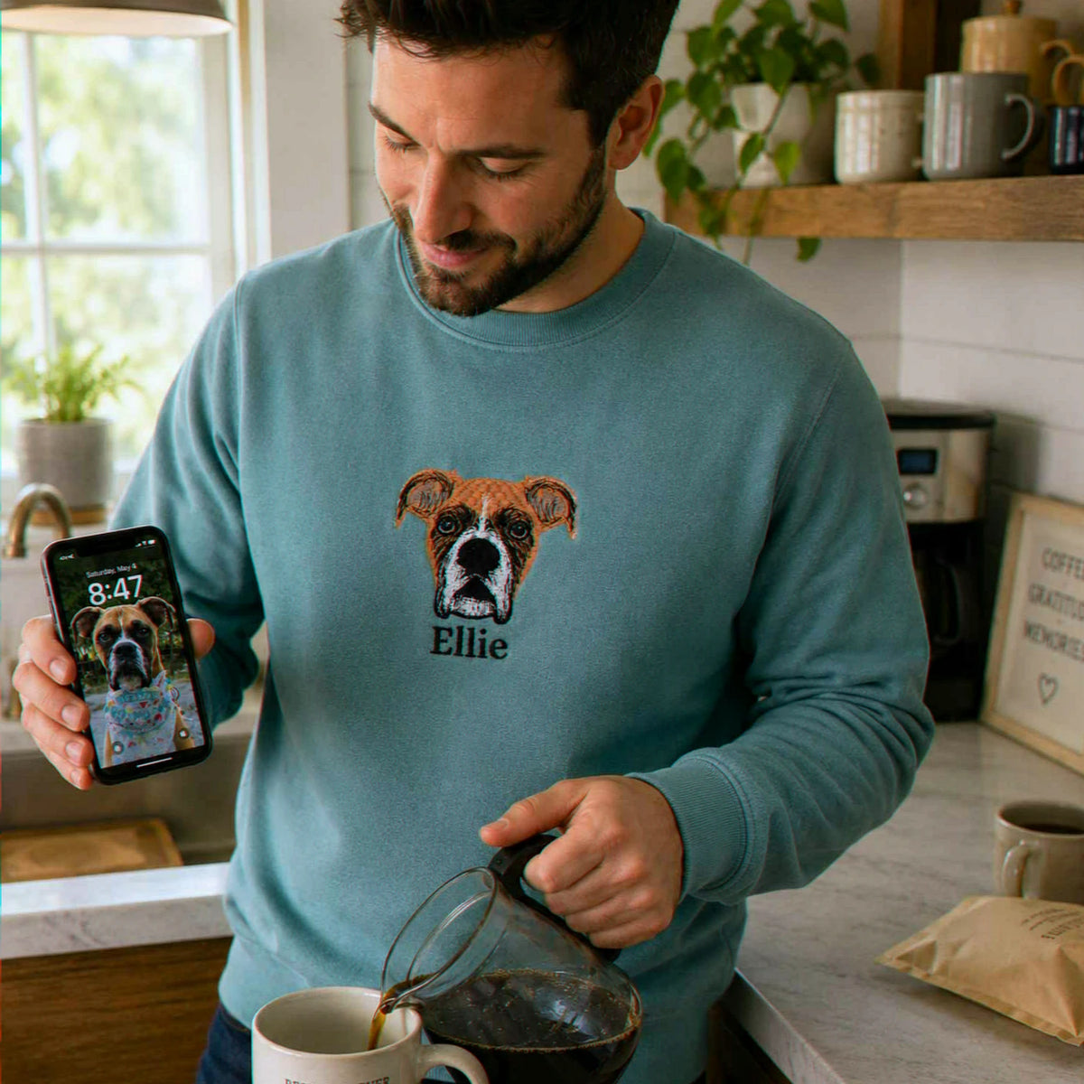 Custom Dog Memorial Sweatshirt for Boyfriend - Embroidered Pet Photo Portrait Crewneck & Name - Dog Loss Sympathy Gift for Him