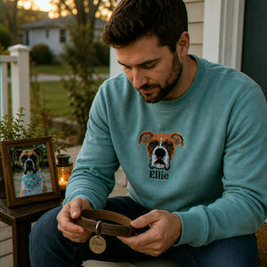 Custom Dog Memorial Sweatshirt for Boyfriend - Embroidered Pet Photo Portrait Crewneck & Name - Dog Loss Sympathy Gift for Him