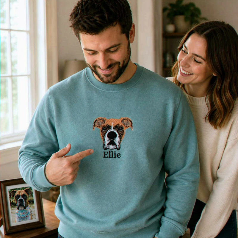 Custom Dog Memorial Sweatshirt for Boyfriend - Embroidered Pet Photo Portrait Crewneck & Name - Dog Loss Sympathy Gift for Him