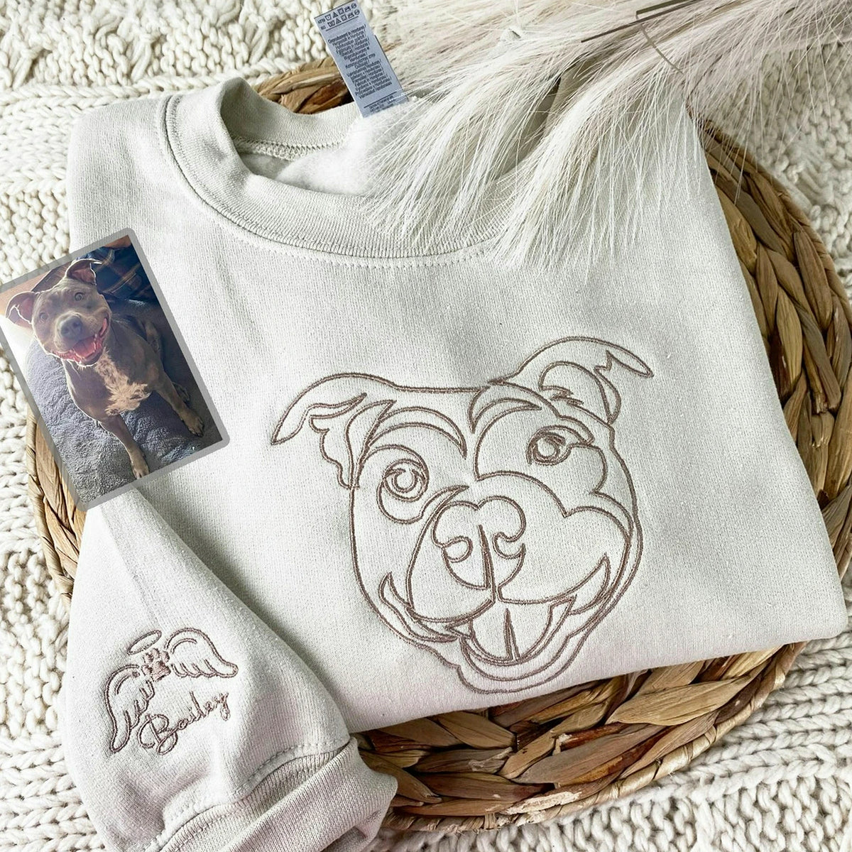 Custom Dog Memorial Sweatshirt for Boyfriend - Embroidered Pet Photo Outline Crewneck & Name for Dog Loss