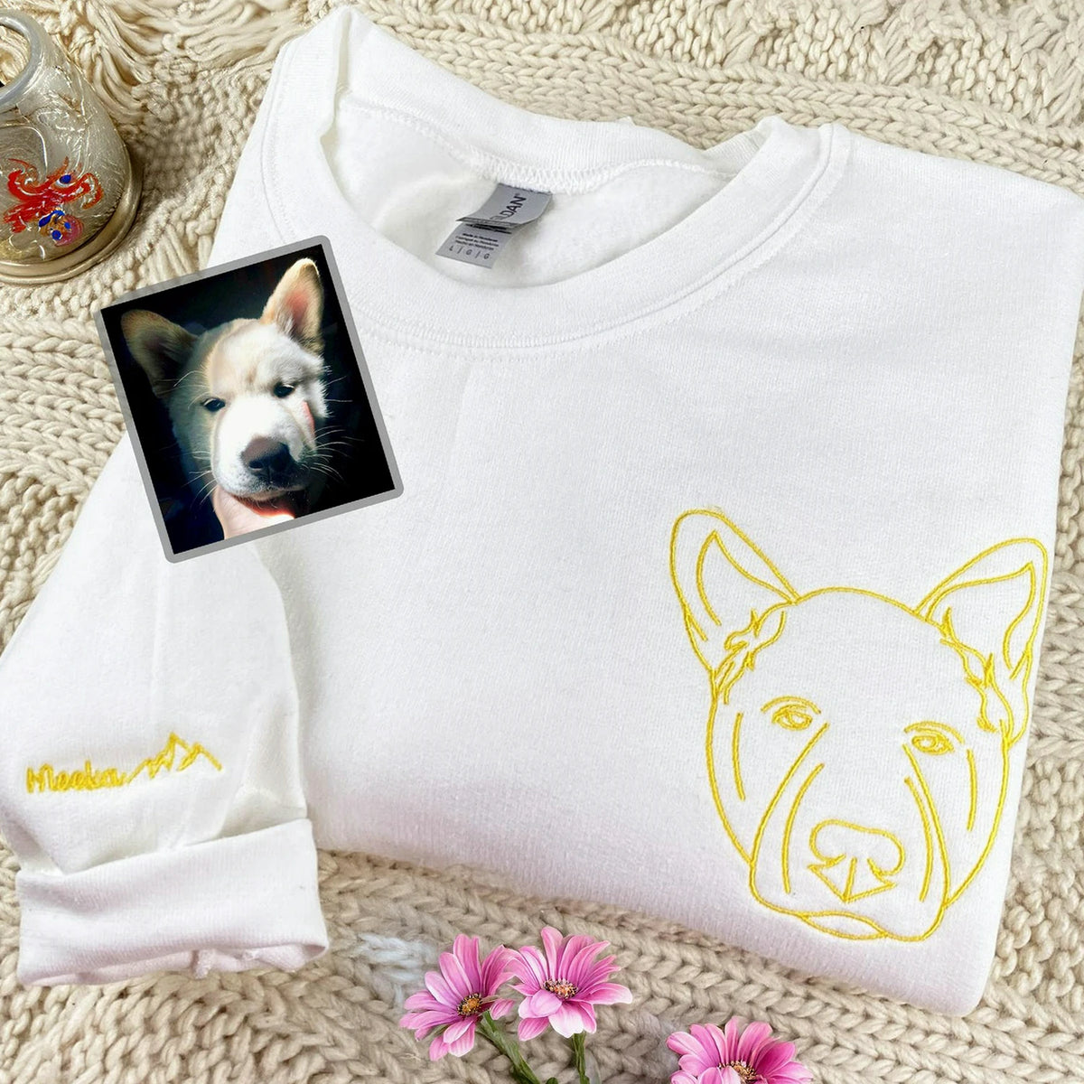 Custom Dog Memorial Sweatshirt for Boyfriend - Embroidered Pet Photo Outline Crewneck & Name - Dog Loss Sympathy Gift for Him
