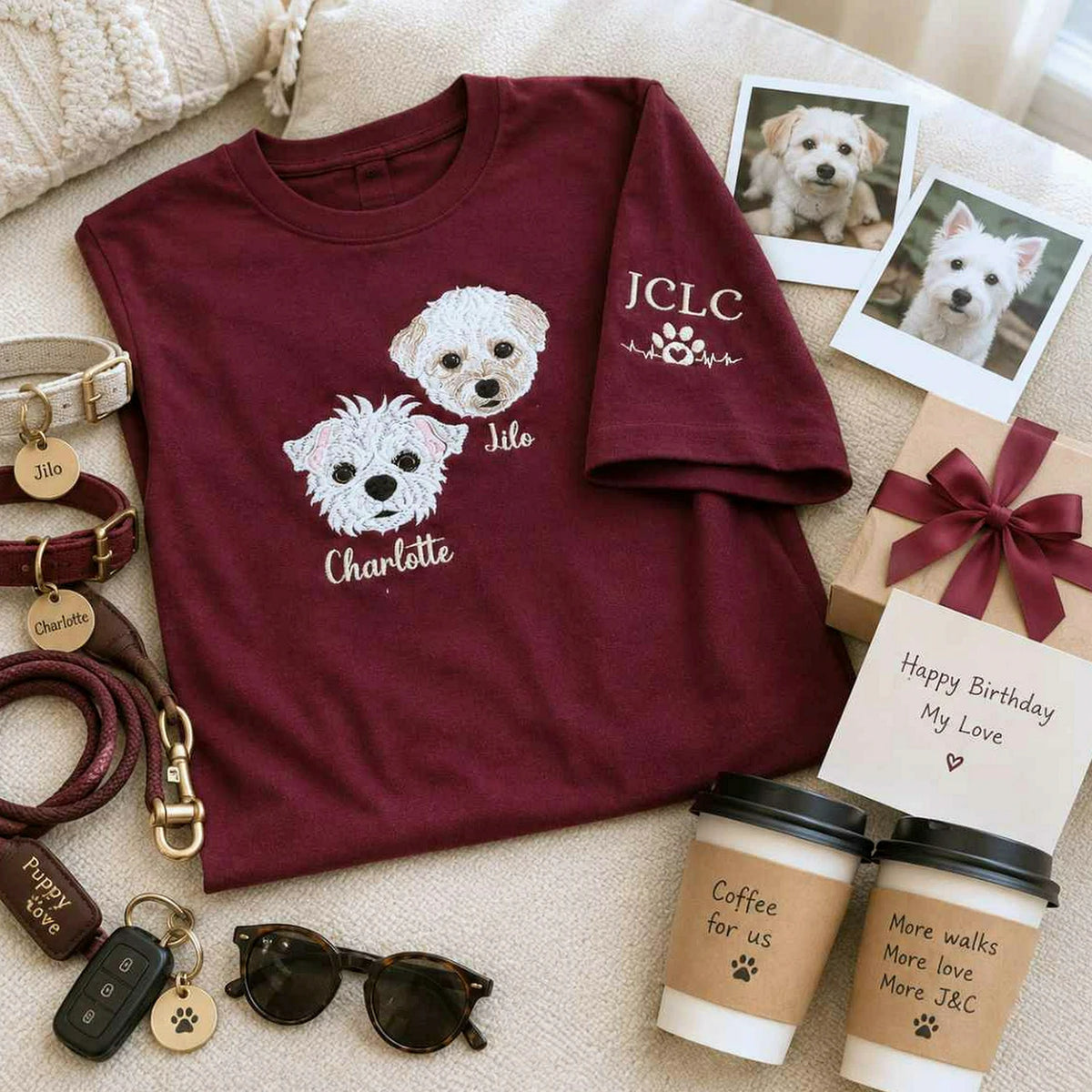 Custom Dog Portrait T-shirt for Birthday Couple - Embroidered Pet Photo Tee & Name - Gift for Him and Her
