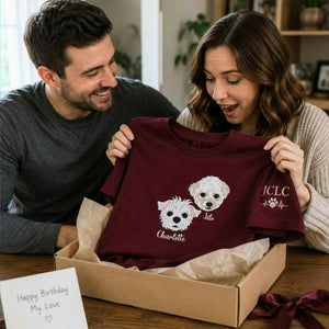 Custom Dog Portrait T-shirt for Birthday Couple - Embroidered Pet Photo Tee & Name - Gift for Him and Her