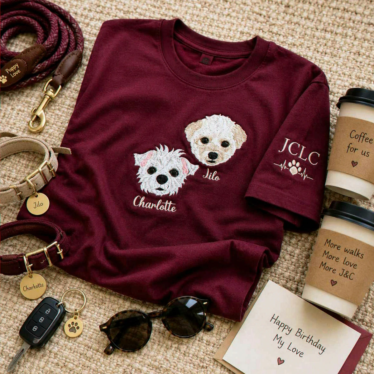 Custom Dog Portrait T-shirt for Birthday Couple - Embroidered Pet Photo Tee & Name - Gift for Him and Her