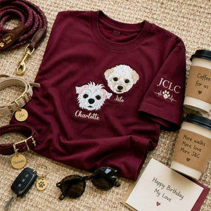 Custom Dog Portrait T-shirt for Birthday Couple - Embroidered Pet Photo Tee & Name - Gift for Him and Her