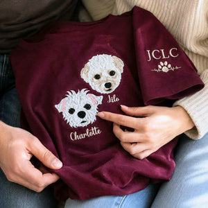Custom Dog Portrait T-shirt for Birthday Couple - Embroidered Pet Photo Tee & Name - Gift for Him and Her