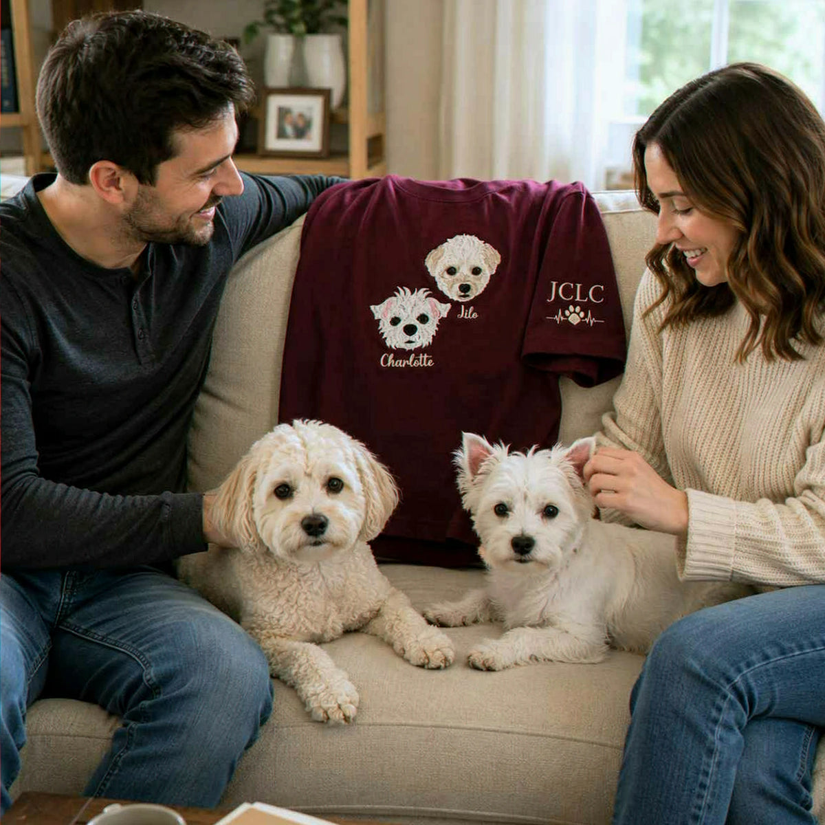 Custom Dog Portrait T-shirt for Birthday Couple - Embroidered Pet Photo Tee & Name - Gift for Him and Her