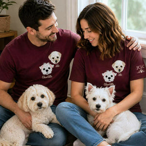 Custom Dog Portrait T-shirt for Birthday Couple - Embroidered Pet Photo Tee & Name - Gift for Him and Her