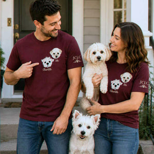 Custom Dog Portrait T-shirt for Birthday Couple - Embroidered Pet Photo Tee & Name - Gift for Him and Her
