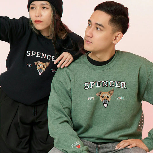 Custom New Dog Portrait Sweatshirt for Couple - Embroidered Pet Photo Crewneck & Name - First Time Dog Parent Gift for Him and Her