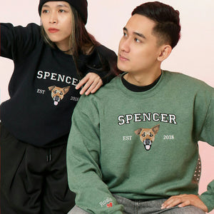 Custom New Dog Portrait Sweatshirt for Couple - Embroidered Pet Photo Crewneck & Name - First Time Dog Parent Gift for Him and Her