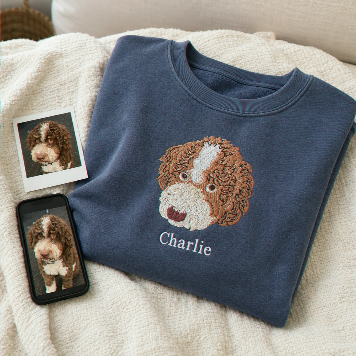 Custom Dog Memorial Sweatshirt for Couple - Embroidered Pet Photo Portrait Crewneck & Name - Dog Loss Sympathy Gift for Him and Her