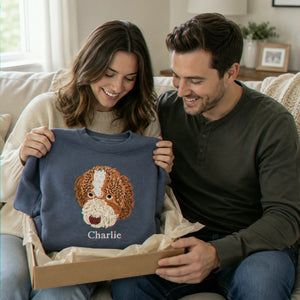 Custom Dog Memorial Sweatshirt for Couple - Embroidered Pet Photo Portrait Crewneck & Name - Dog Loss Sympathy Gift for Him and Her