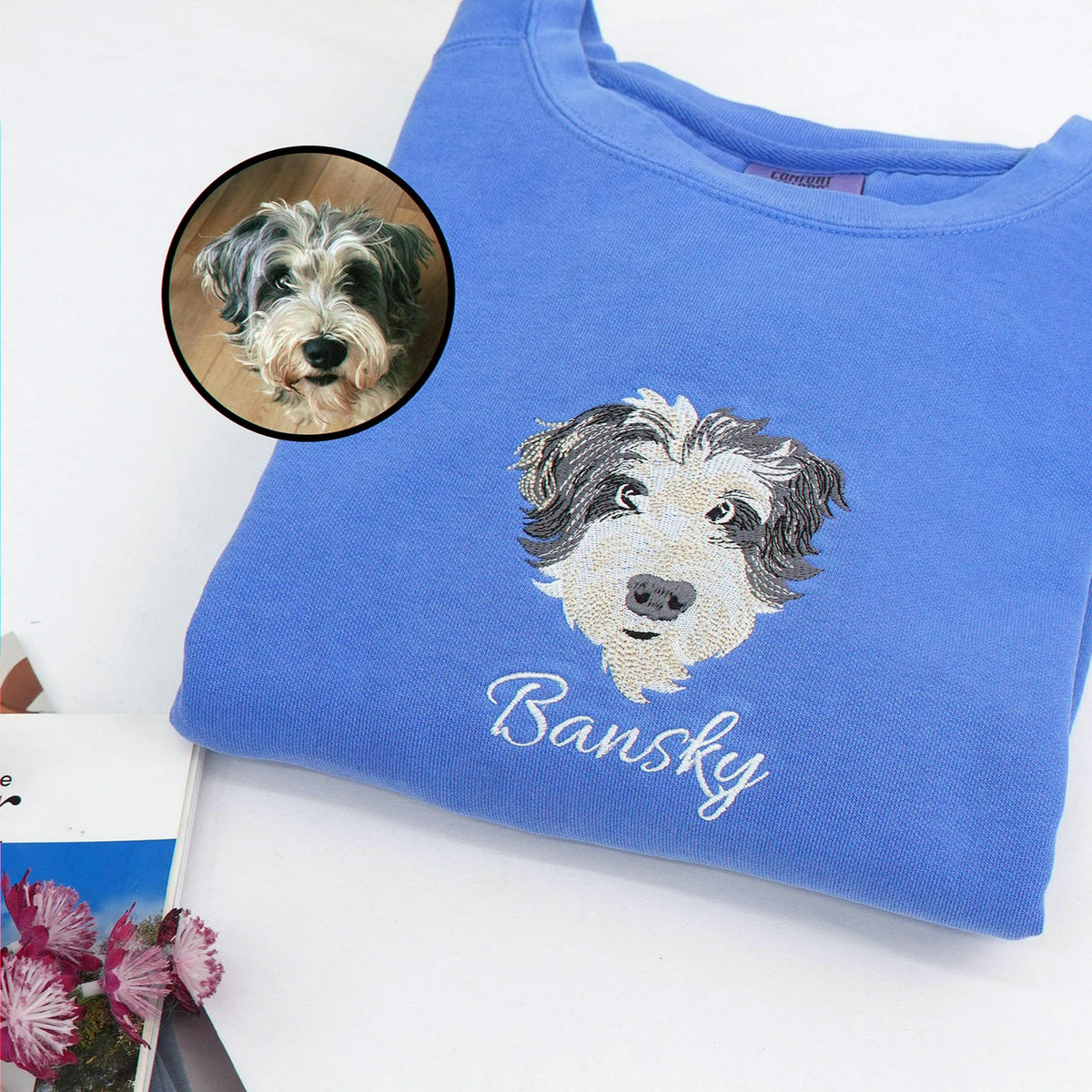 Custom Dog Memorial Sweatshirt for Couple - Embroidered Pet Photo Portrait Crewneck & Name - Dog Loss Sympathy Gift for Him and Her