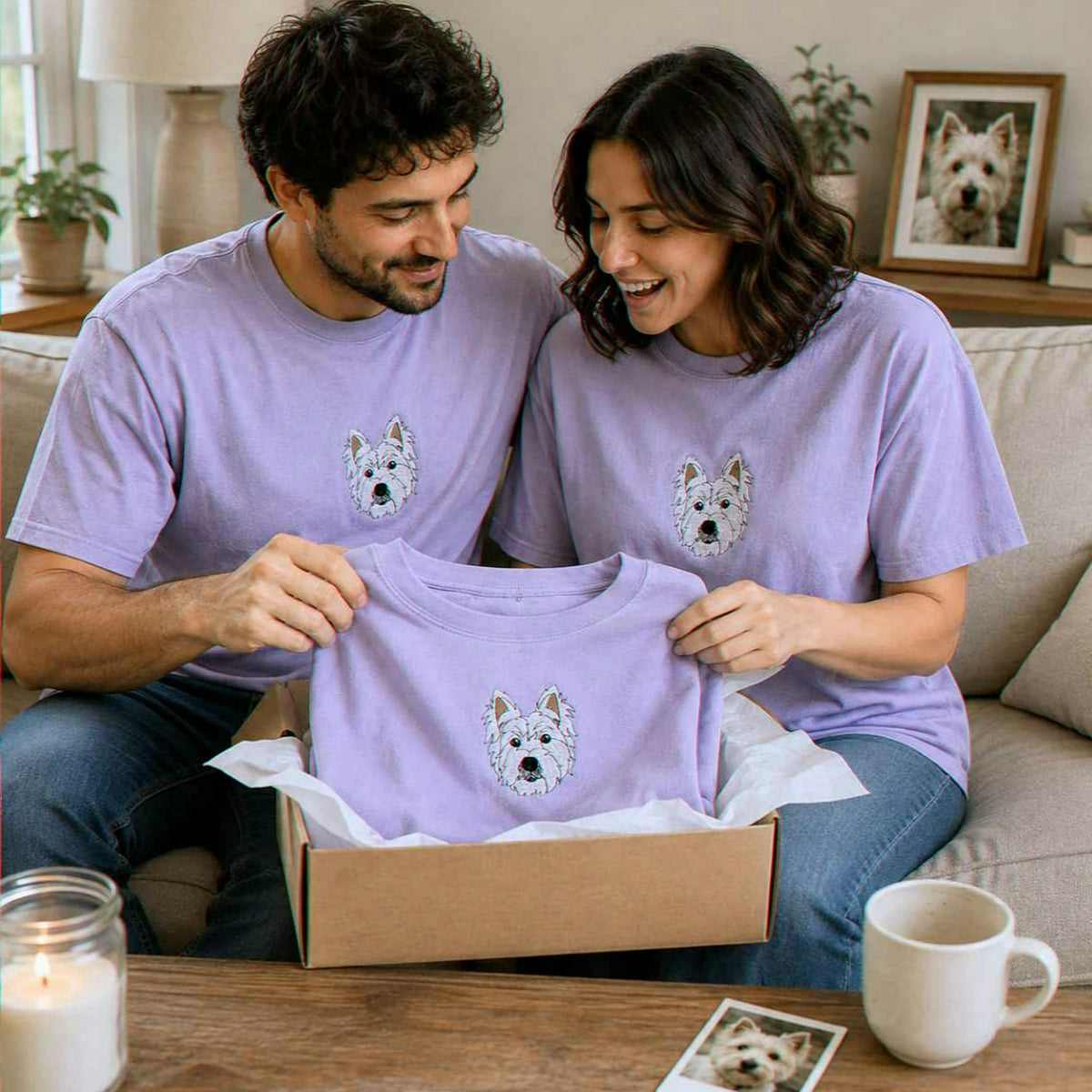 Custom Dog Memorial T-Shirt for Couple - Embroidered Pet Photo Portrait Tee & Name - Dog Loss Sympathy Gift for Him and Her