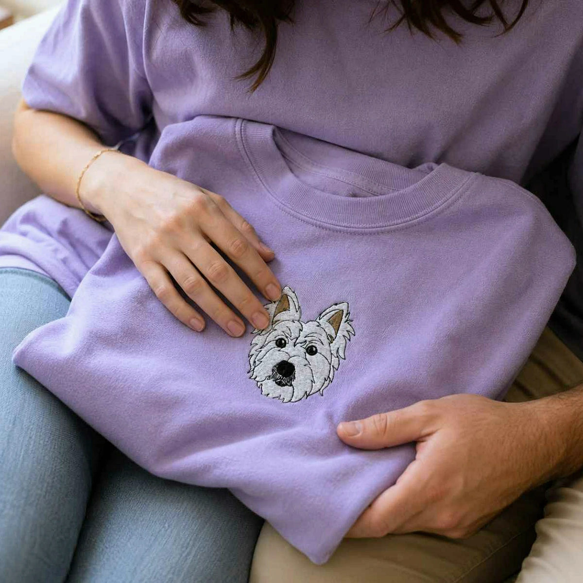Custom Dog Memorial T-Shirt for Couple - Embroidered Pet Photo Portrait Tee & Name - Dog Loss Sympathy Gift for Him and Her