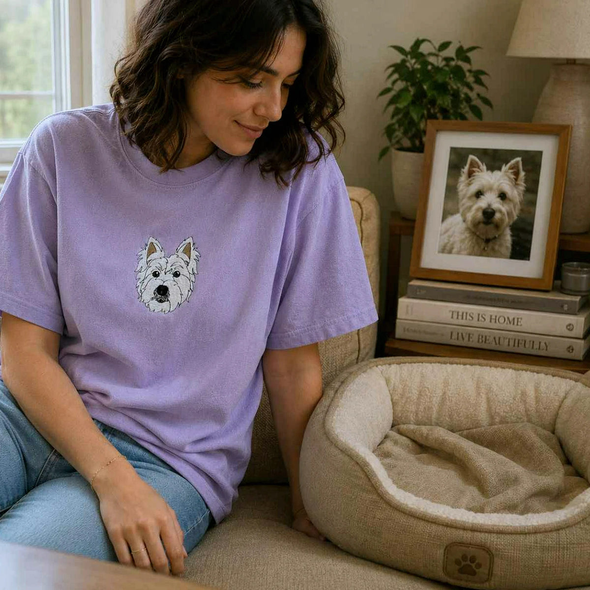 Custom Dog Memorial T-Shirt for Couple - Embroidered Pet Photo Portrait Tee & Name - Dog Loss Sympathy Gift for Him and Her