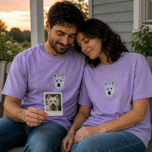 Custom Dog Memorial T-Shirt for Couple - Embroidered Pet Photo Portrait Tee & Name - Dog Loss Sympathy Gift for Him and Her