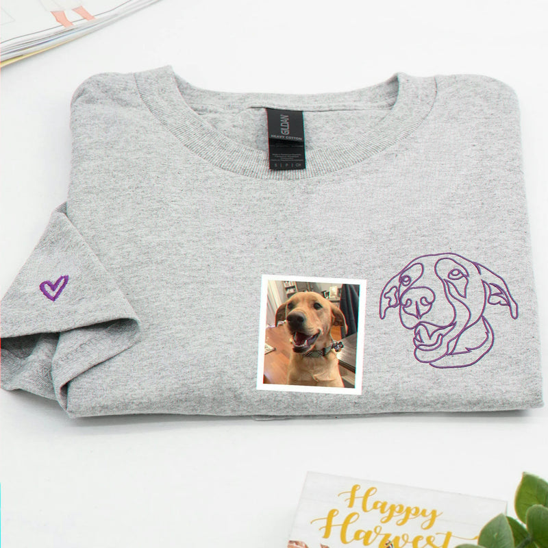 Custom Dog Memorial Sweatshirt for Couple - Embroidered Pet Photo Outline Crewneck & Name - Dog Loss Sympathy Gift for Him and Her