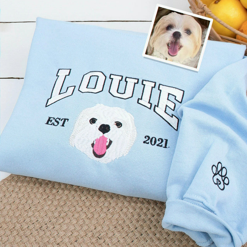 Custom Dog Portrait Sweatshirt for Birthday Couple - Embroidered Pet Photo Crewneck & Name - Gift for Him and Her