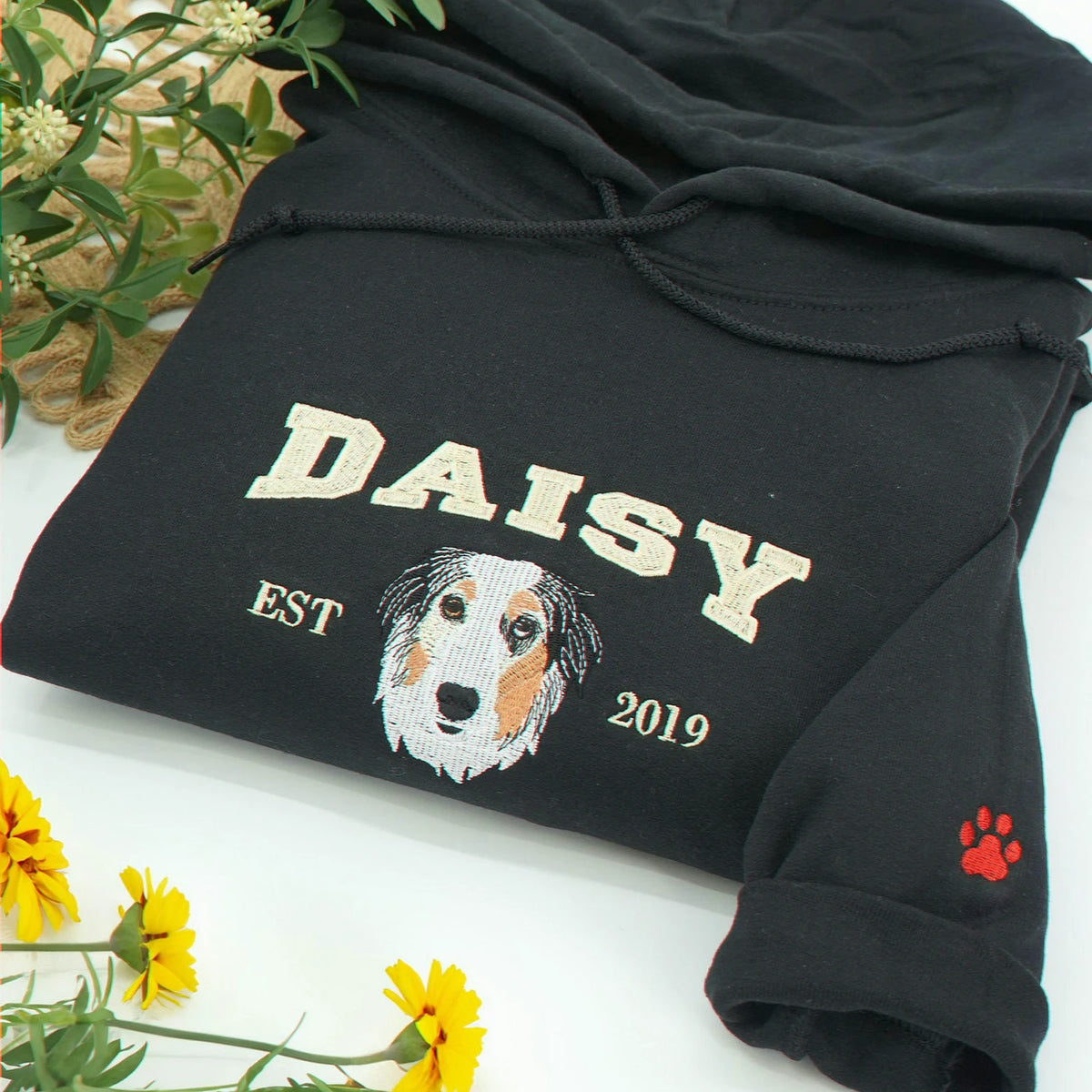 Custom Dog Portrait Sweatshirt for Birthday Couple - Embroidered Pet Photo Crewneck & Name - Gift for Him and Her