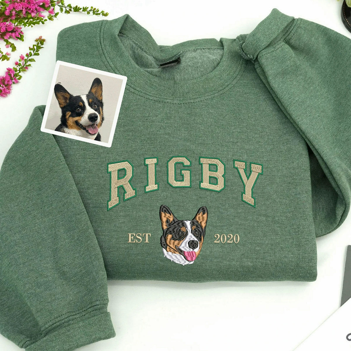 Custom Dog Portrait Sweatshirt for Birthday Couple - Embroidered Pet Photo Crewneck & Name - Gift for Him and Her