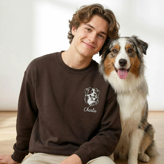 Dark Chocolate Custom Dog Dad Portrait from Photo Embroidered Sweatshirt, Gift for Dog Dad