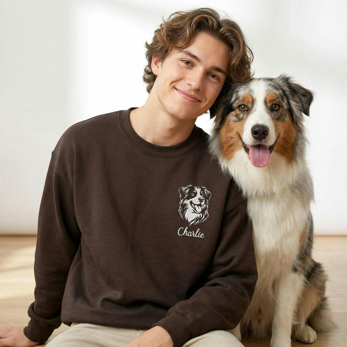 Dark Chocolate Custom Dog Dad Portrait from Photo Embroidered Sweatshirt, Gift for Dog Dad